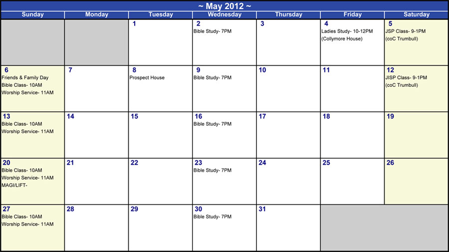 Calendar-of-Events-May-2012 | church of Christ Bridgeport | 